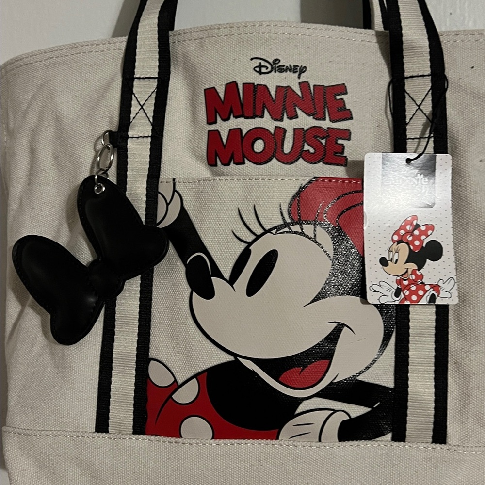 Disney Minnie Mouse Cream and Black Canvas Tote with Bow Charm - Picture 2 of 6